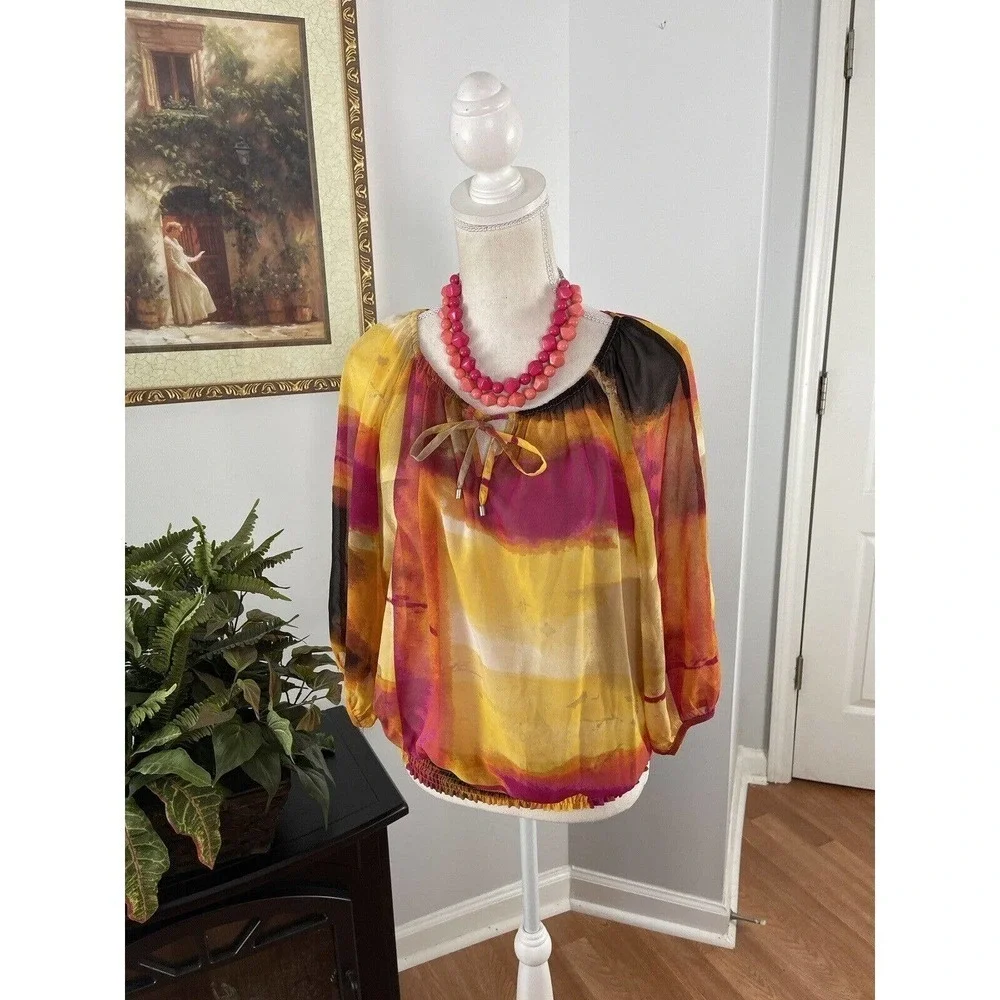 Alfani Women's Multicolor Abstract Round Neck Long Sleeve Pullover Sheer Top 8P - Picture 2 of 7